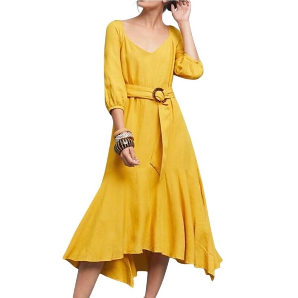 Maeve Anthropologie Artemis Mustard Yellow Boho Chic Vibrant Colorful Midi Dress